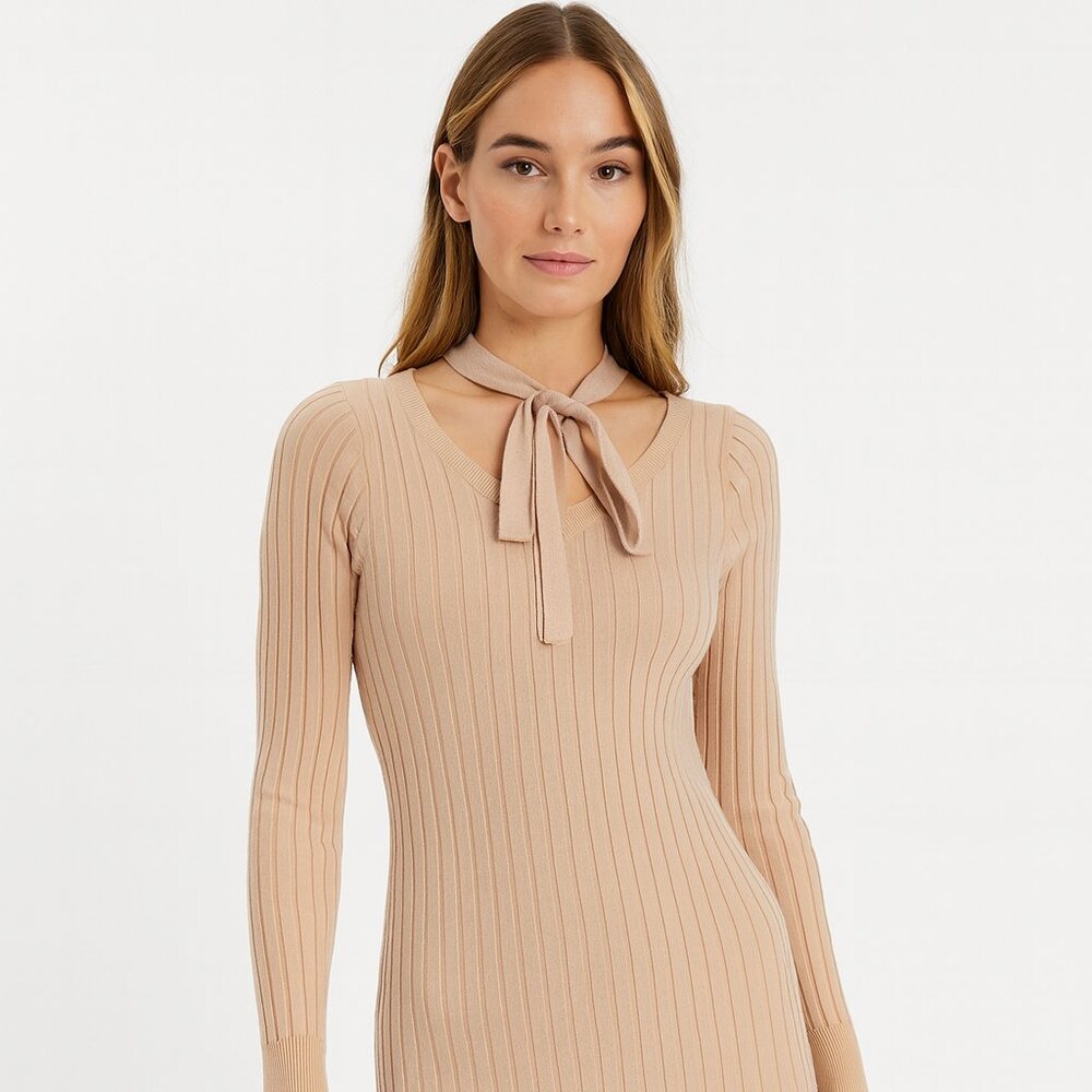 WAYF Beige Sweater Dress Size S NWT Low-Back Tie Midi Ribbed Knit